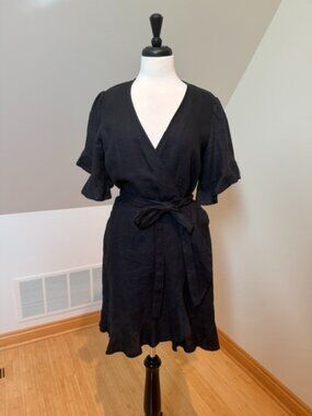 Honorine Edie Black Linen Ruffle Wrap Mini Dress